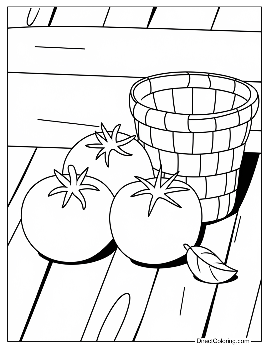3 round tomatoes lying next to a simple rectangular woven basket coloring